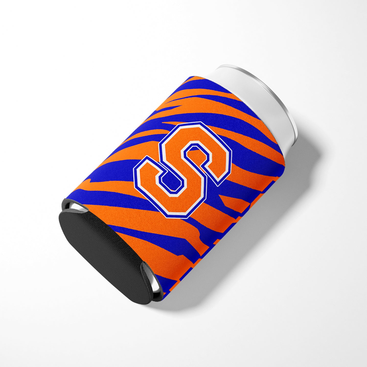 Letter S Initial Monogram Tiger Stripe Blue Orange Can or Bottle Beverage Insulator Hugger.