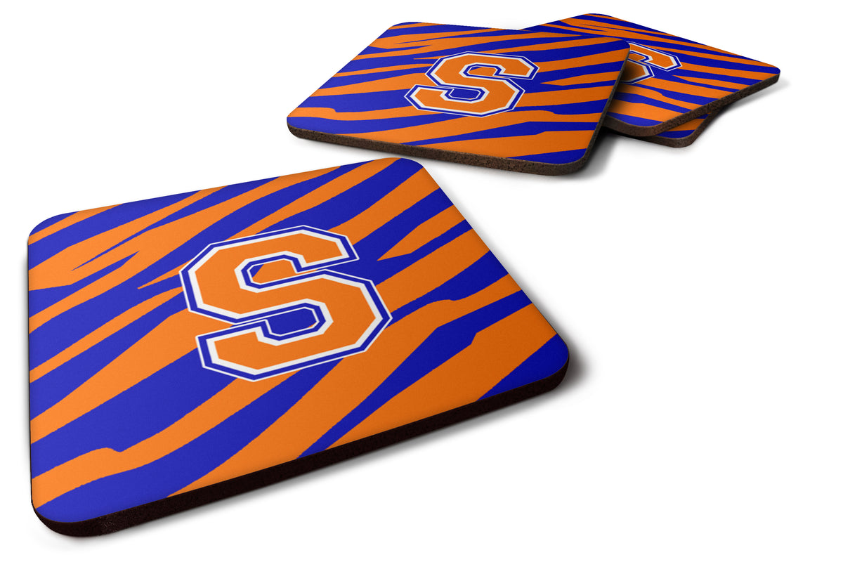 Set of 4 Monogram - Tiger Stripe - Blue Orange Foam Coasters Initial Letter S - the-store.com