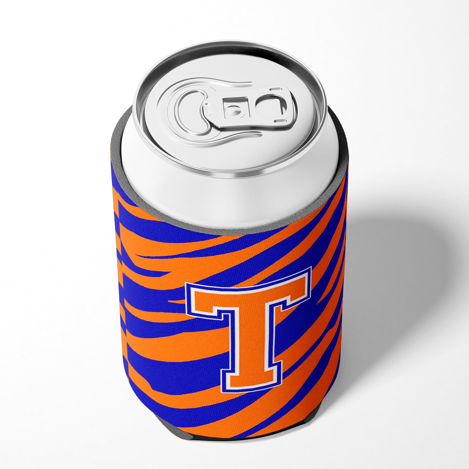 Letter T Initial Monogram Tiger Stripe Blue Orange Can or Bottle Beverage Insulator Hugger.