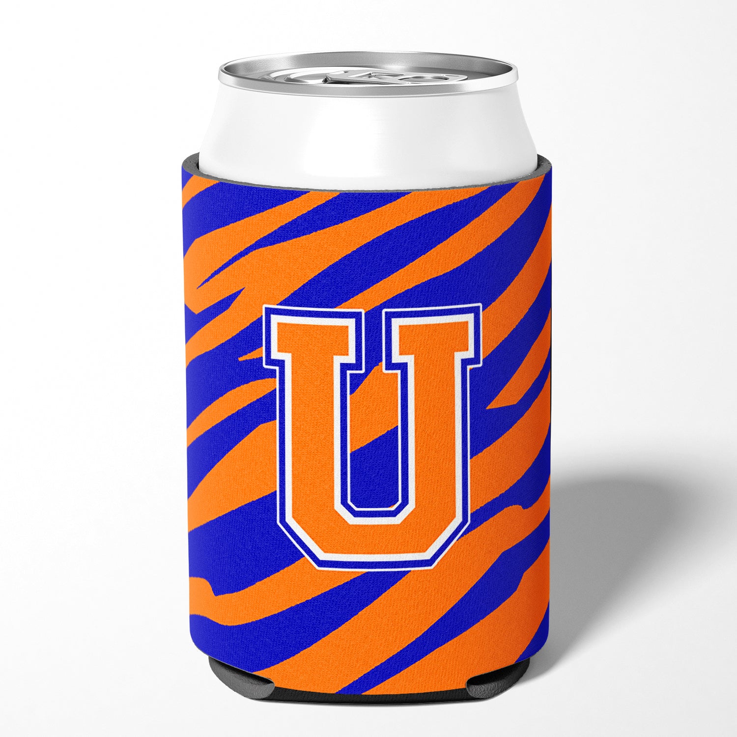 Letter U Initial Monogram Tiger Stripe Blue Orange Can or Bottle Beverage Insulator Hugger.