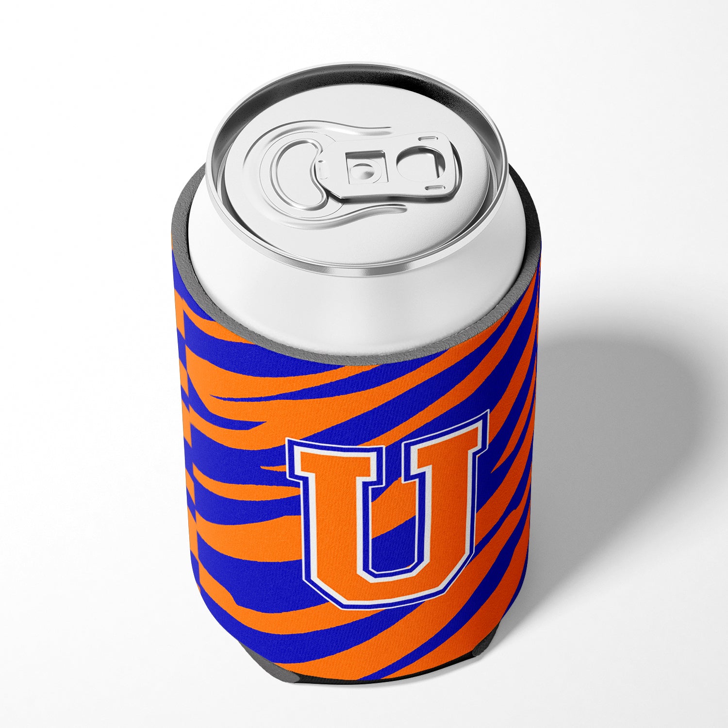 Letter U Initial Monogram Tiger Stripe Blue Orange Can or Bottle Beverage Insulator Hugger.