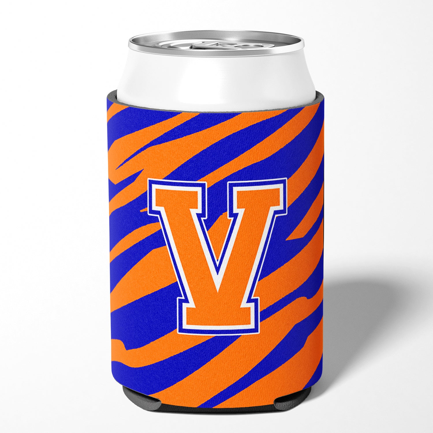 Letter V Initial Monogram Tiger Stripe Blue Orange Can or Bottle Beverage Insulator Hugger