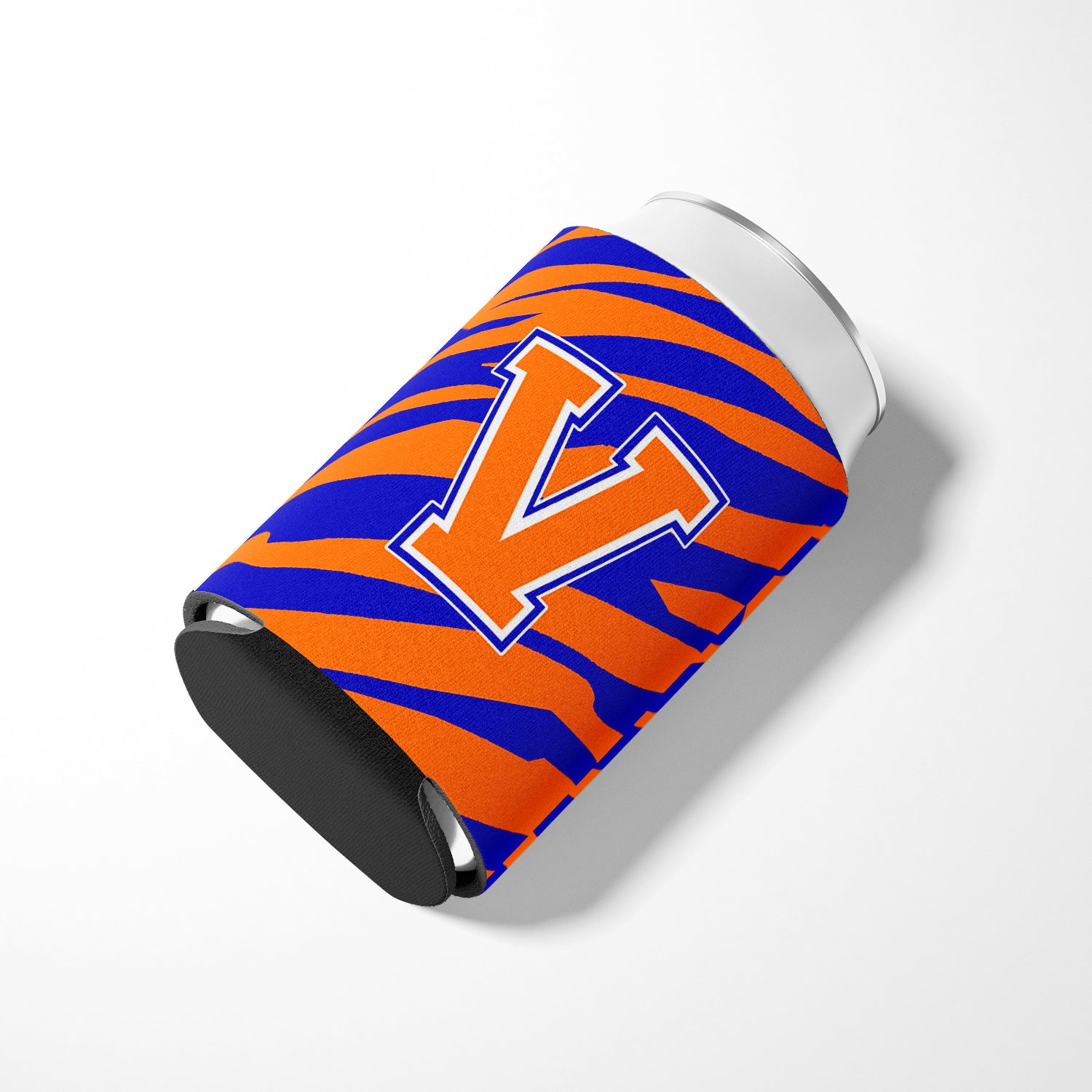 Letter V Initial Monogram Tiger Stripe Blue Orange Can or Bottle Beverage Insulator Hugger.