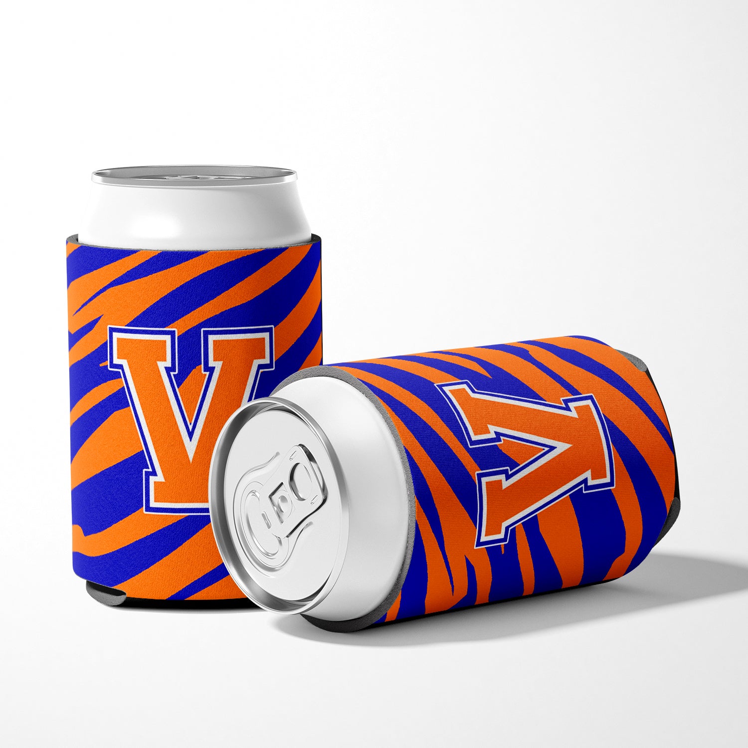 Letter V Initial Monogram Tiger Stripe Blue Orange Can or Bottle Beverage Insulator Hugger