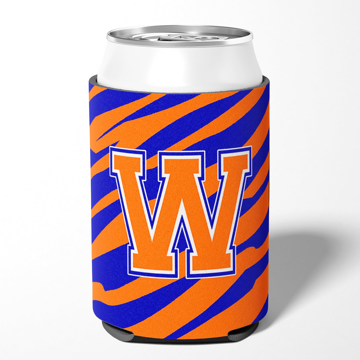 Letter W Initial Monogram Tiger Stripe Blue Orange Can or Bottle Beverage Insulator Hugger