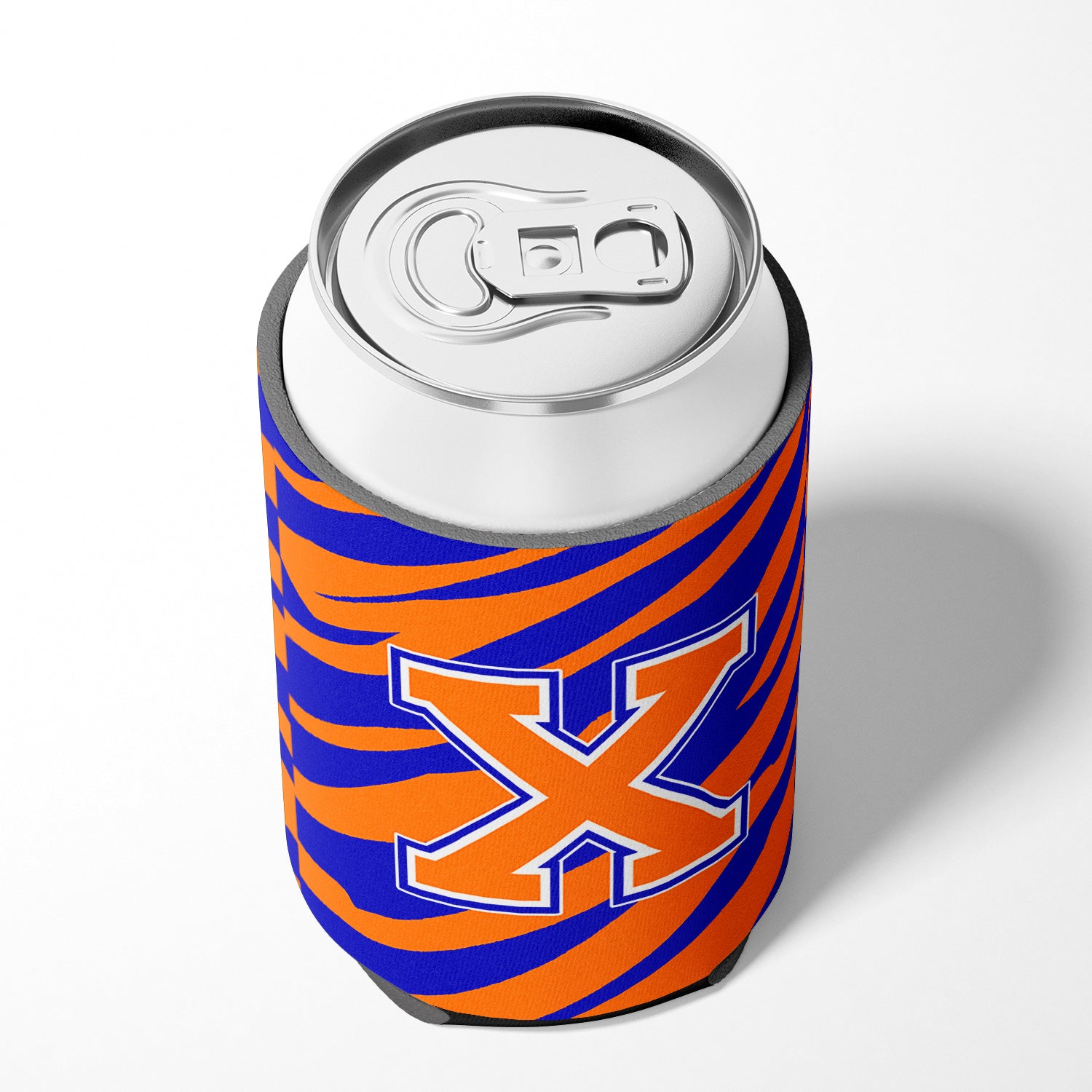Letter X Initial Monogram Tiger Stripe Blue Orange Can or Bottle Beverage Insulator Hugger
