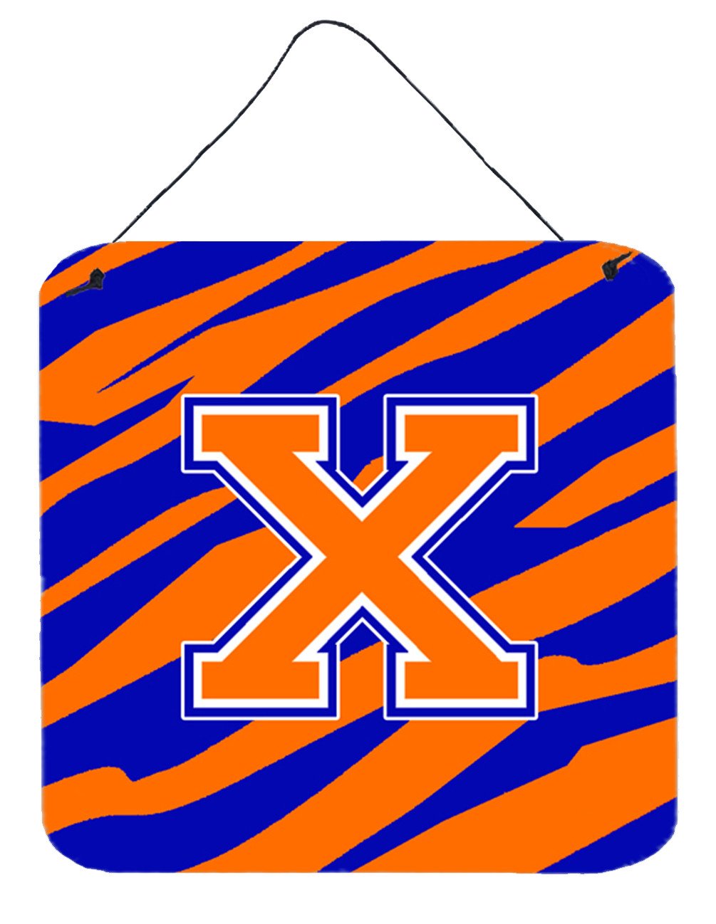 Letter X Initial Tiger Stripe - Blue Orange  Wall or Door Hanging Prints by Caroline&#39;s Treasures