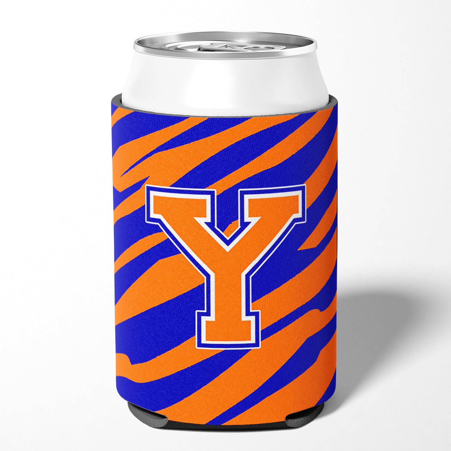 Letter Y Initial Monogram Tiger Stripe Blue Orange Can or Bottle Beverage Insulator Hugger