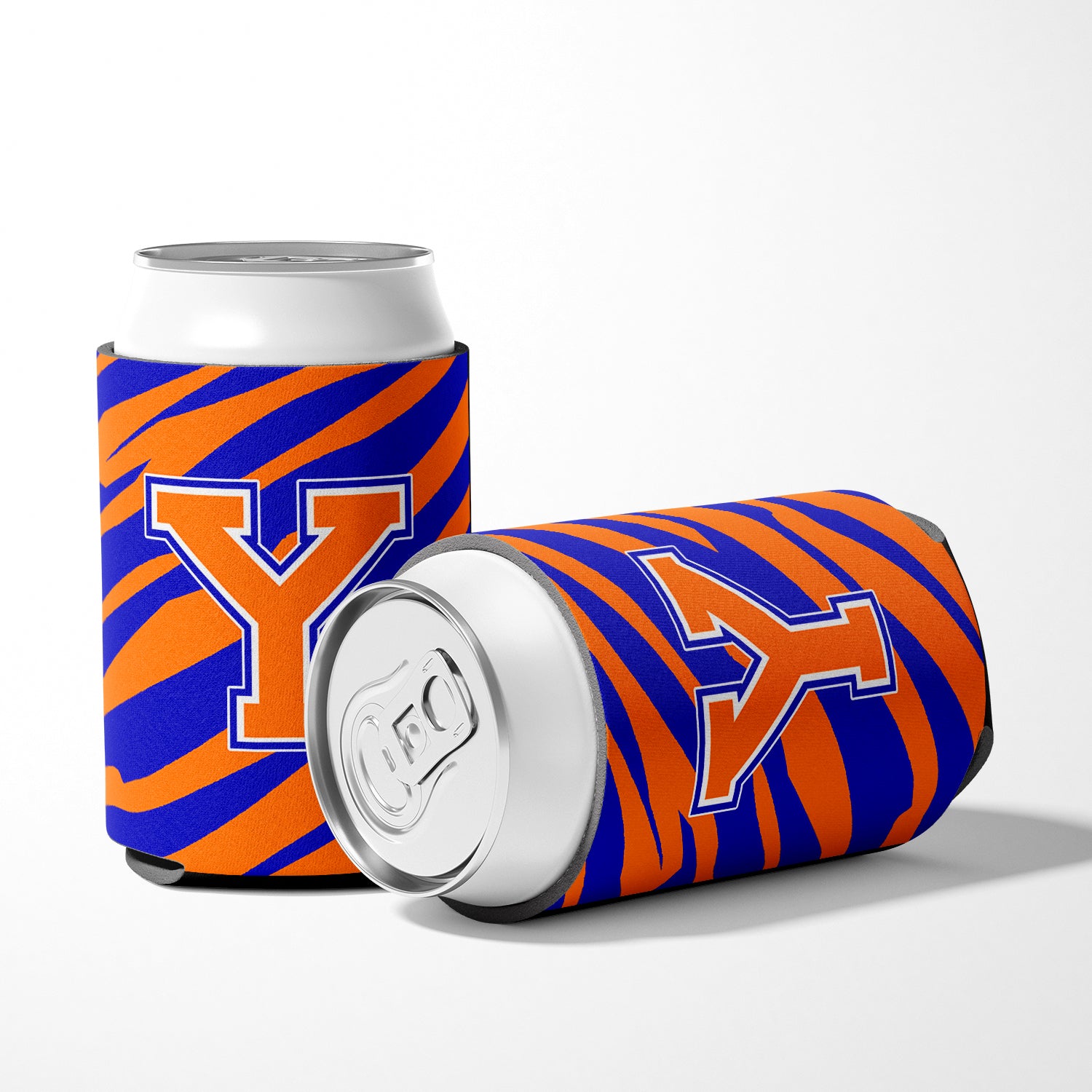 Letter Y Initial Monogram Tiger Stripe Blue Orange Can or Bottle Beverage Insulator Hugger