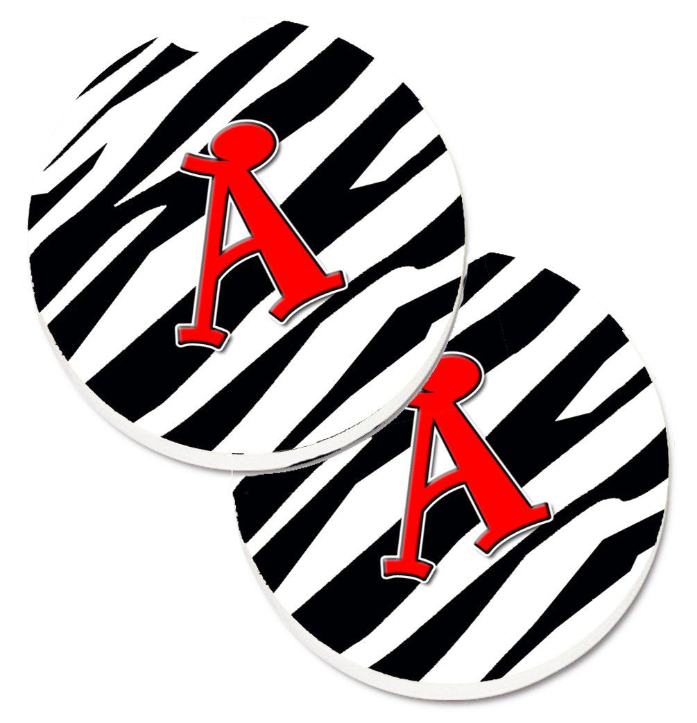 Letter A Monogram - Zebra Stripe and Red Set of 2 Cup Holder Car Coasters CJ1024-ACARC by Caroline&#39;s Treasures