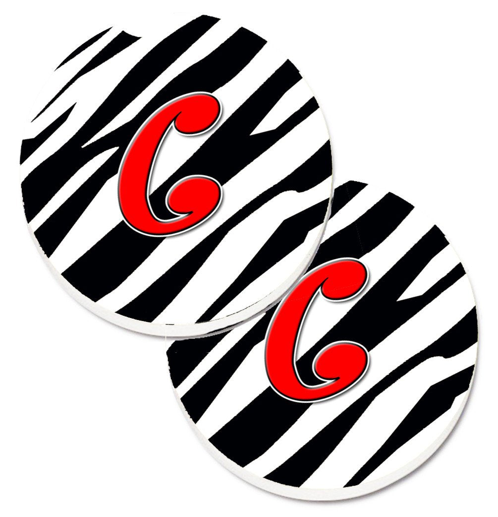 Monogram Initial C Zebra Red  Set of 2 Cup Holder Car Coasters CJ1024-CCARC by Caroline&#39;s Treasures
