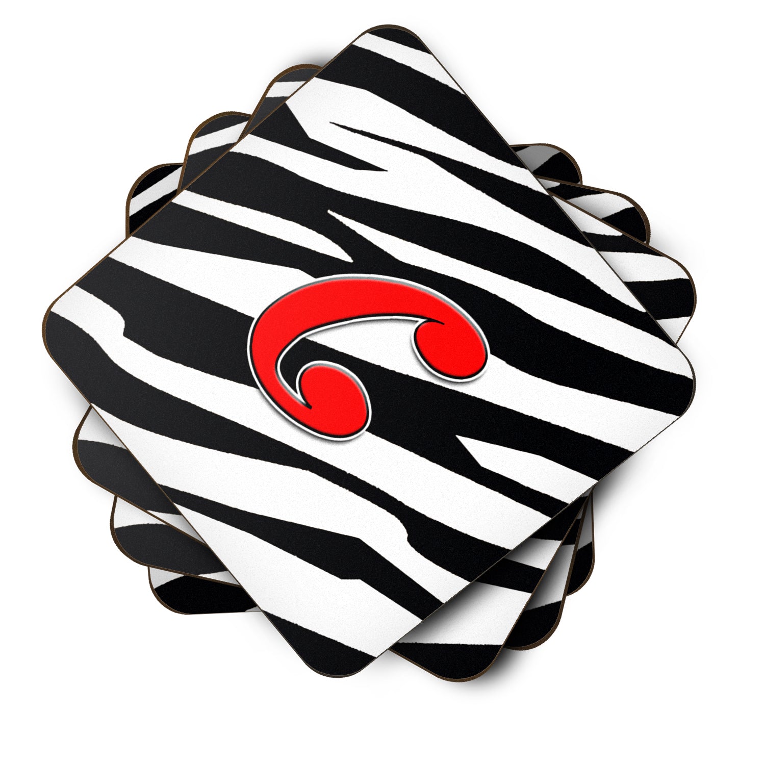 Set of 4 Monogram - Zebra Red Foam Coasters Initial Letter C - the-store.com