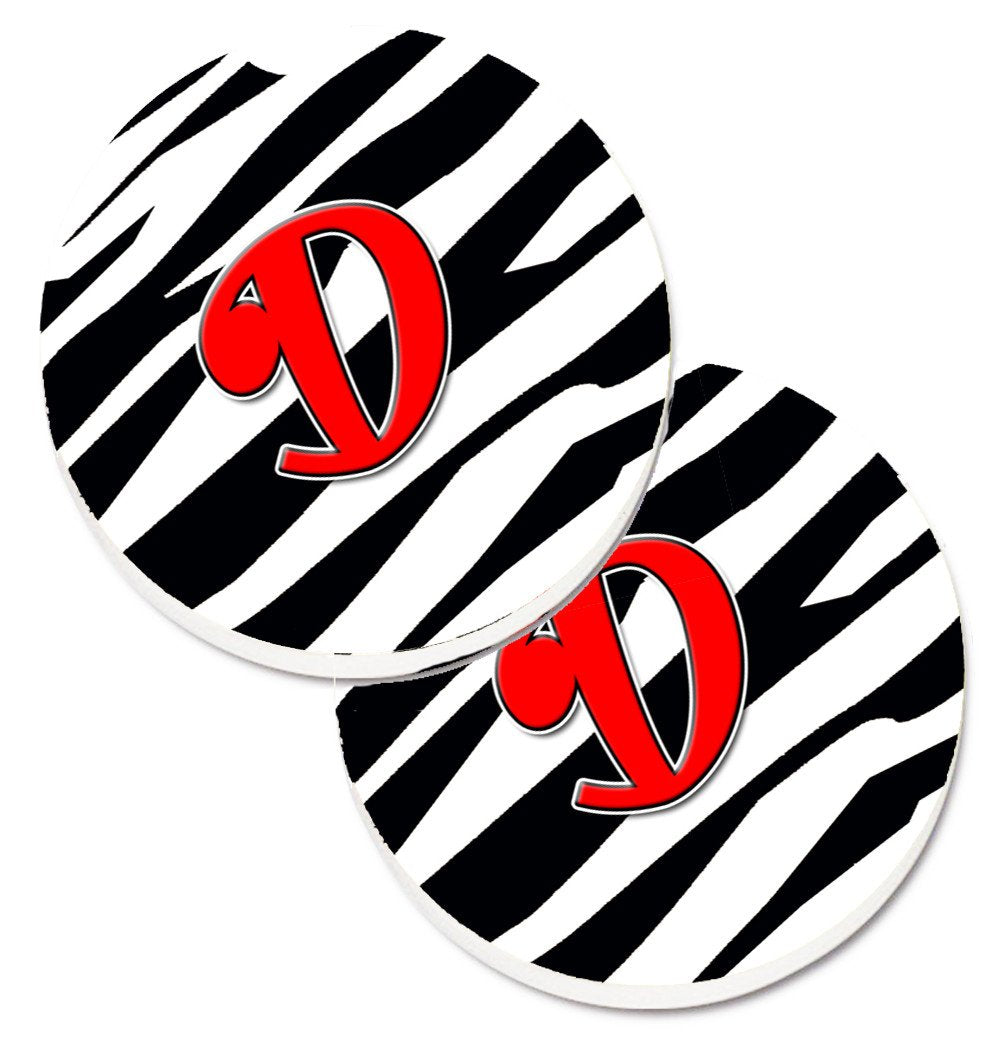 Monogram Initial D Zebra Red  Set of 2 Cup Holder Car Coasters CJ1024-DCARC by Caroline&#39;s Treasures