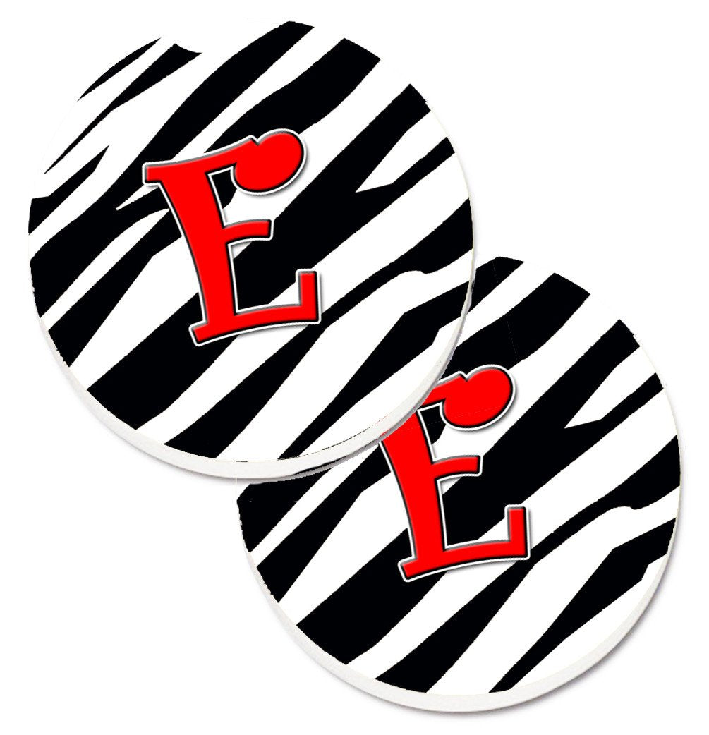 Monogram Initial E Zebra Red  Set of 2 Cup Holder Car Coasters CJ1024-ECARC by Caroline&#39;s Treasures