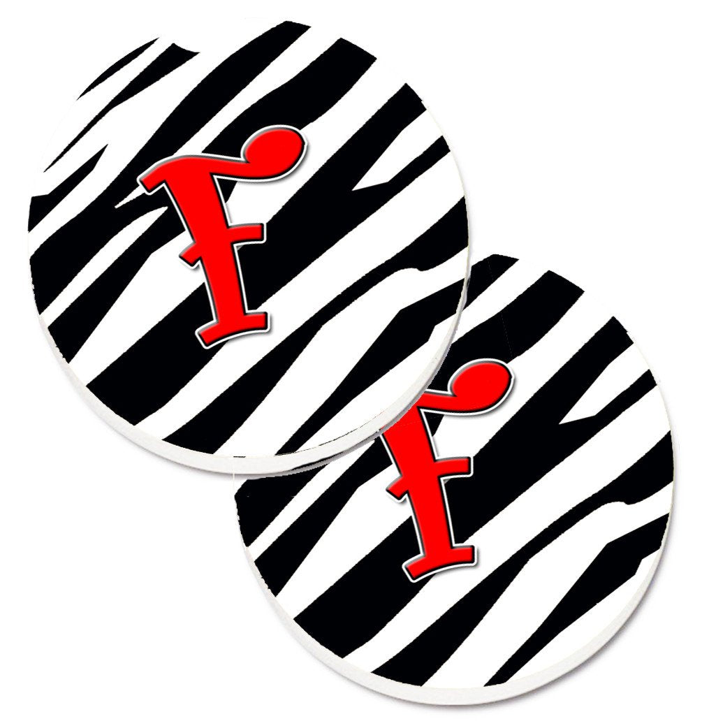 Monogram Initial F Zebra Red  Set of 2 Cup Holder Car Coasters CJ1024-FCARC by Caroline&#39;s Treasures