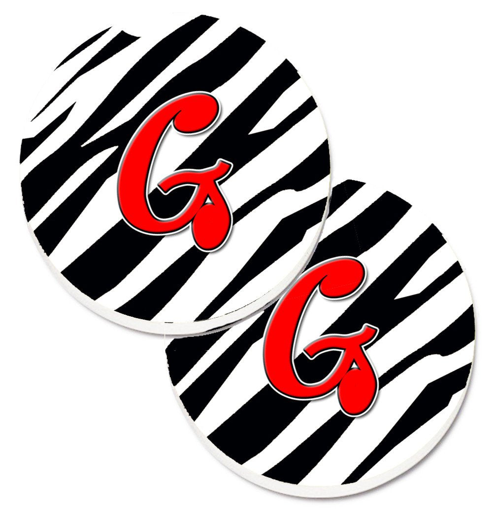 Monogram Initial G Zebra Red  Set of 2 Cup Holder Car Coasters CJ1024-GCARC by Caroline&#39;s Treasures