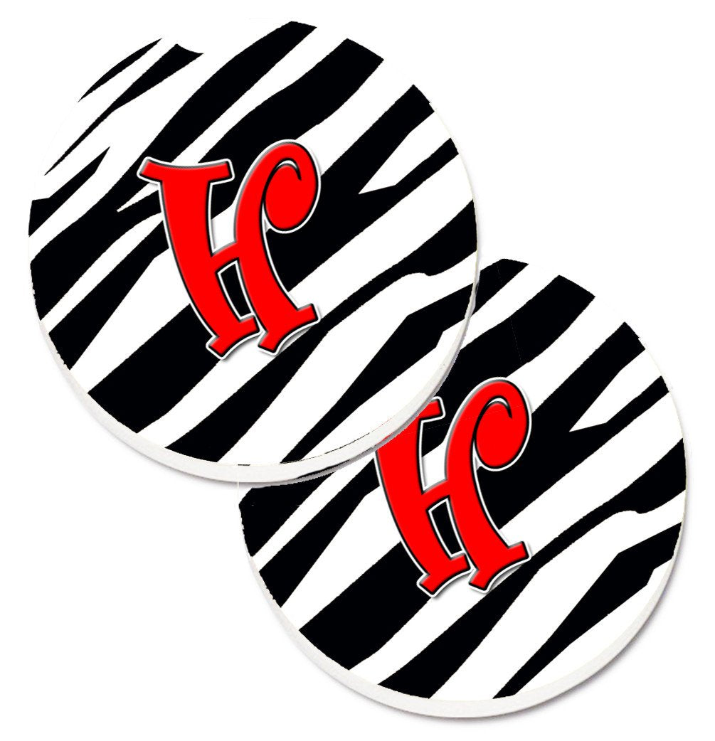 Monogram Initial H Zebra Red  Set of 2 Cup Holder Car Coasters CJ1024-HCARC by Caroline&#39;s Treasures