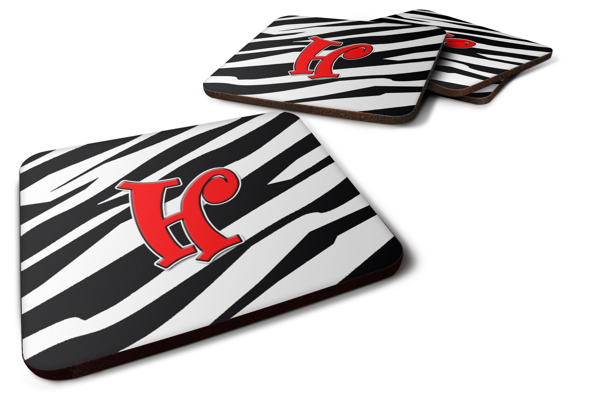 Set of 4 Monogram - Zebra Red Foam Coasters Initial Letter H - the-store.com