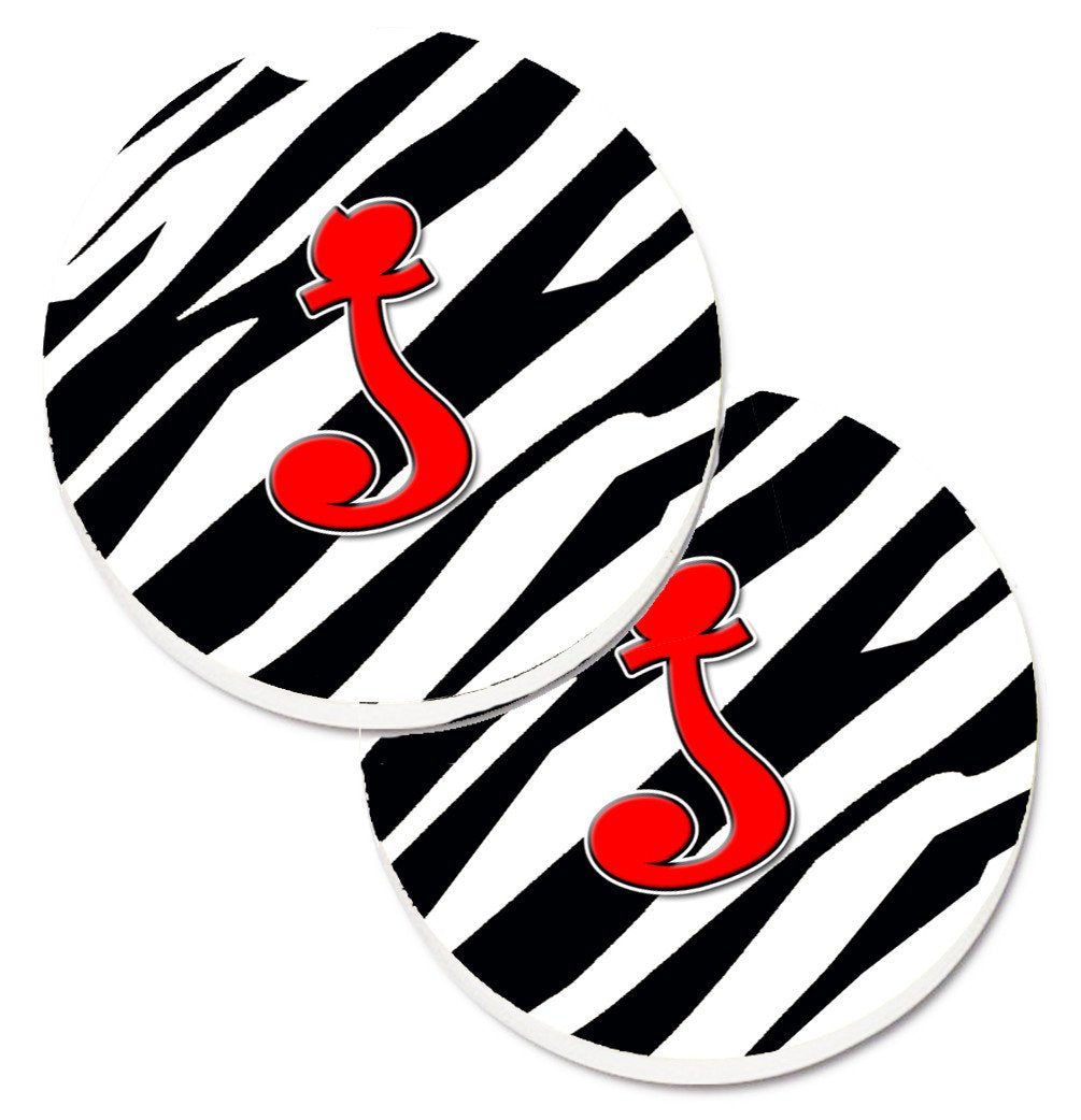 Monogram Initial J Zebra Red  Set of 2 Cup Holder Car Coasters CJ1024-JCARC by Caroline&#39;s Treasures