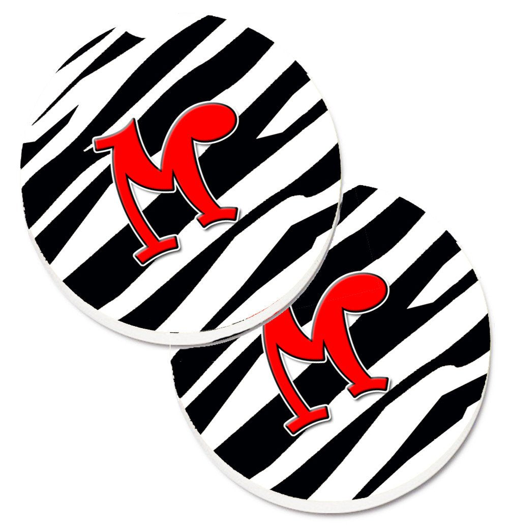 Monogram Initial M Zebra Red  Set of 2 Cup Holder Car Coasters CJ1024-MCARC by Caroline&#39;s Treasures