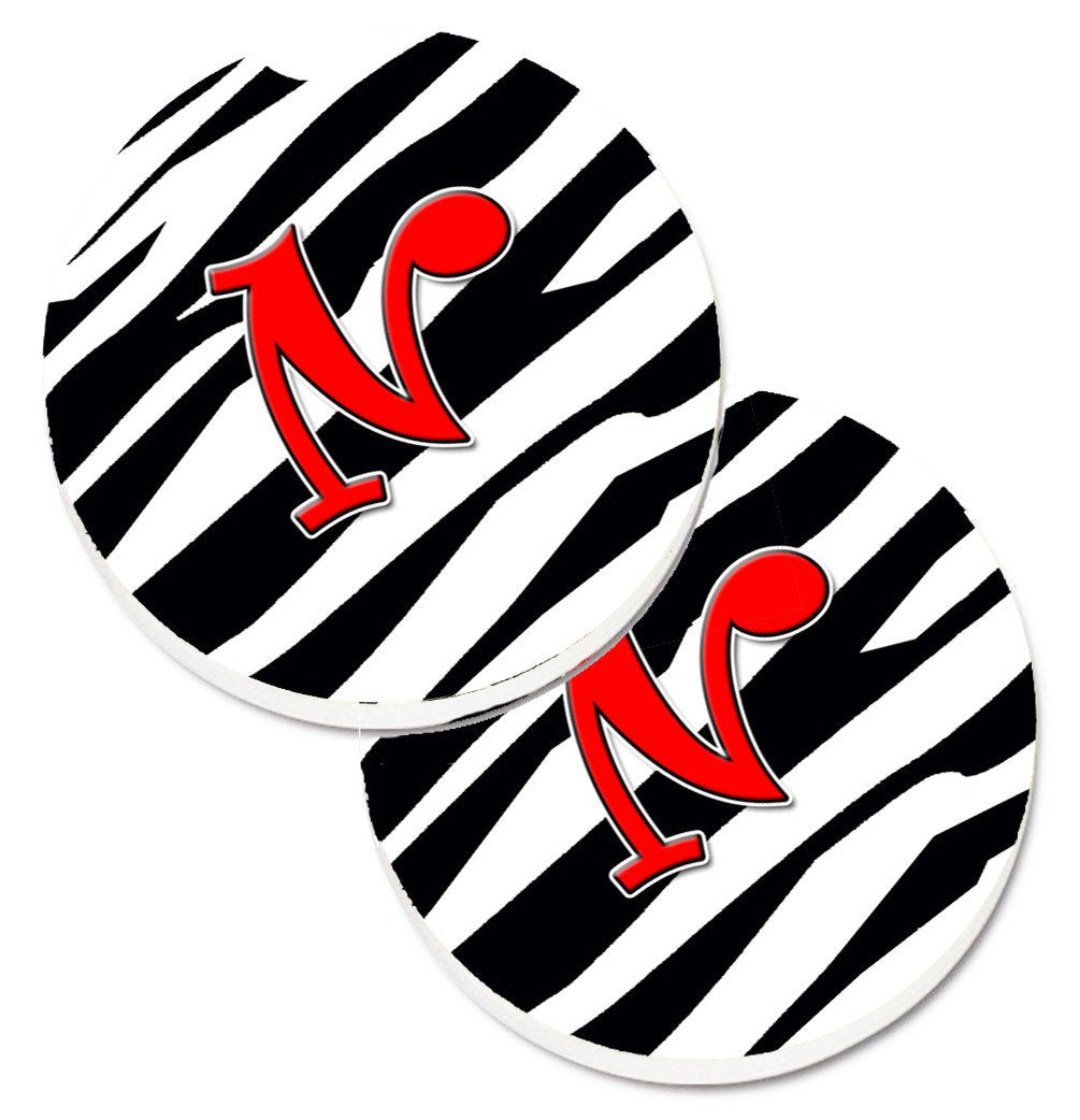 Monogram Initial N Zebra Red  Set of 2 Cup Holder Car Coasters CJ1024-NCARC by Caroline&#39;s Treasures