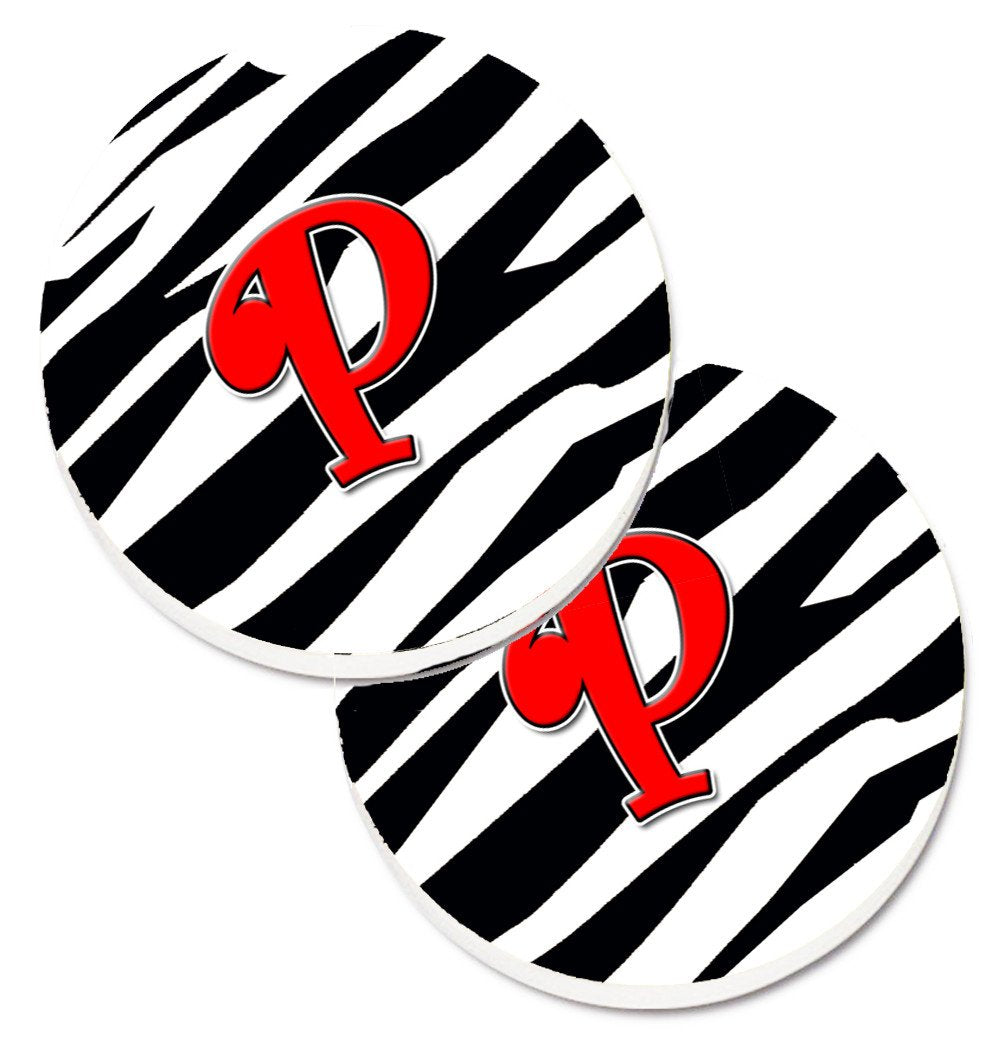 Monogram Initial P Zebra Red  Set of 2 Cup Holder Car Coasters CJ1024-PCARC by Caroline's Treasures