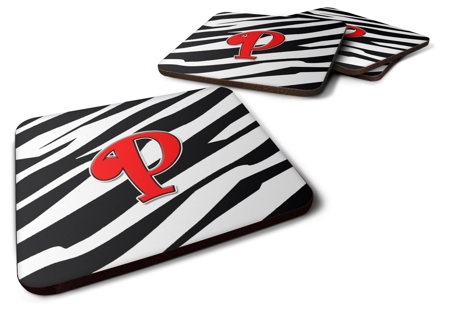 Set of 4 Monogram - Zebra Red Foam Coasters Initial Letter P - the-store.com