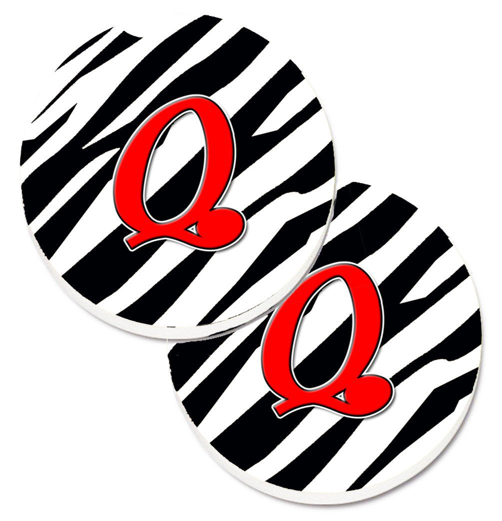 Monogram Initial Q Zebra Red  Set of 2 Cup Holder Car Coasters CJ1024-QCARC by Caroline&#39;s Treasures