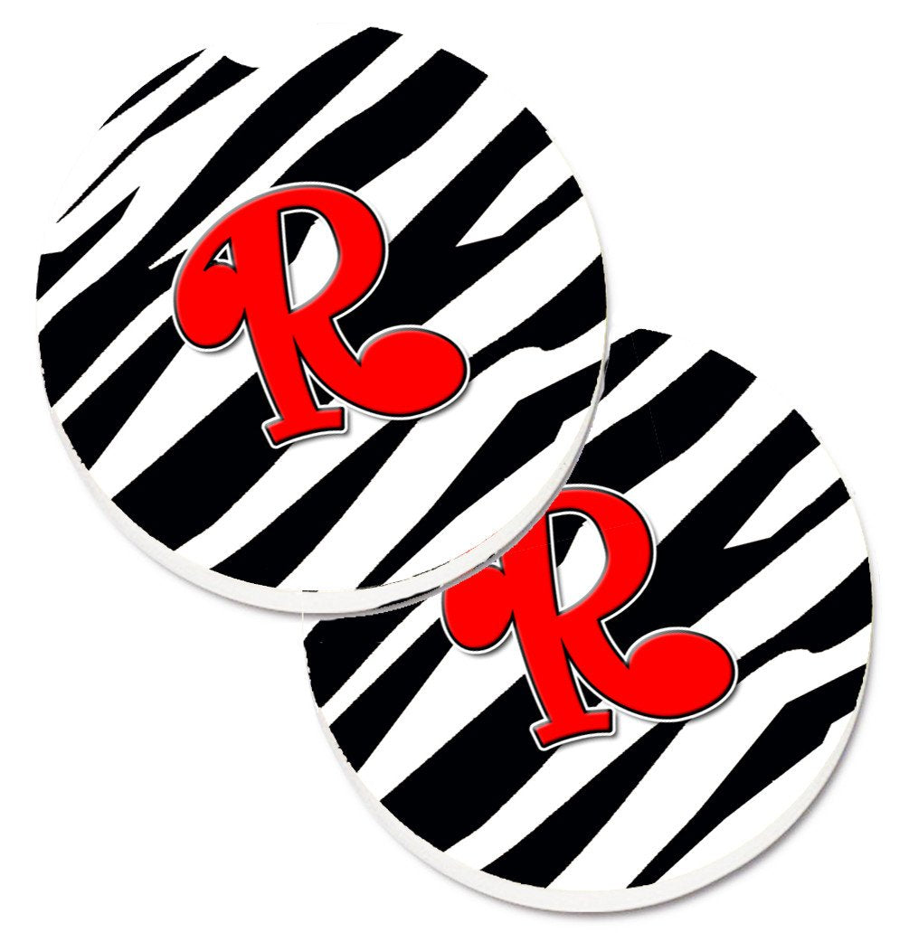 Monogram Initial R Zebra Red  Set of 2 Cup Holder Car Coasters CJ1024-RCARC by Caroline&#39;s Treasures