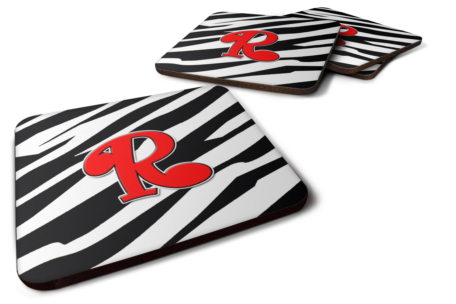 Set of 4 Monogram - Zebra Red Foam Coasters Initial Letter R - the-store.com