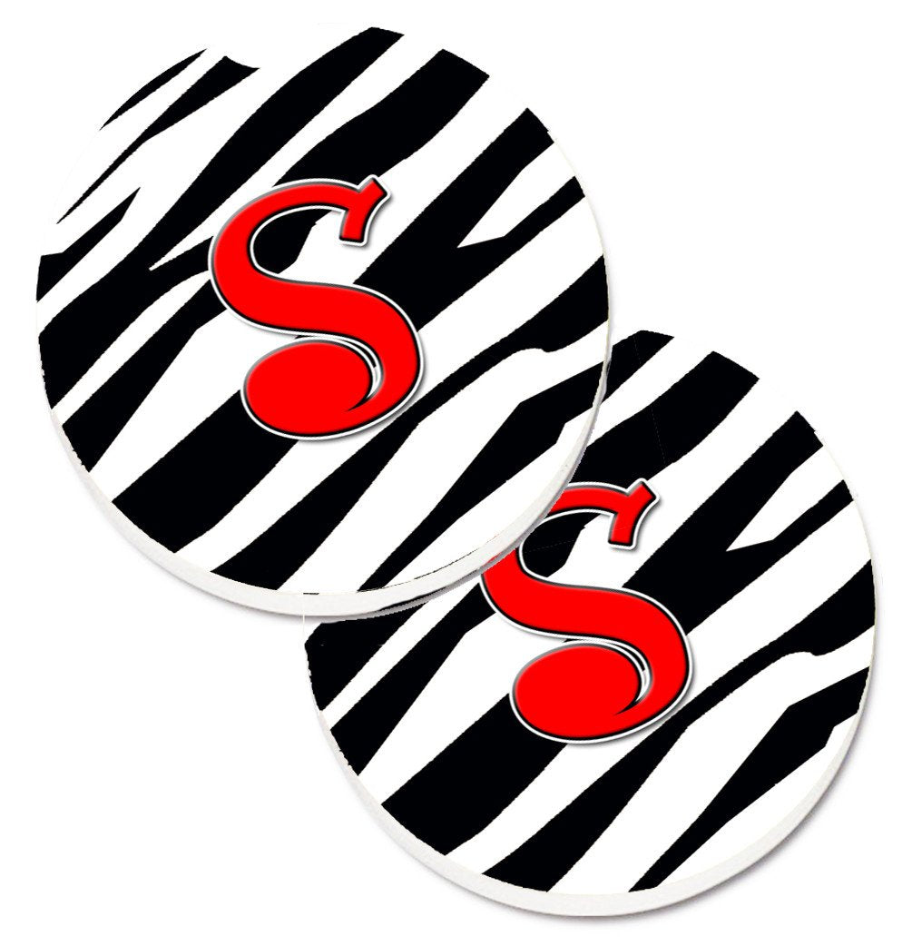 Monogram Initial S Zebra Red  Set of 2 Cup Holder Car Coasters CJ1024-SCARC by Caroline&#39;s Treasures