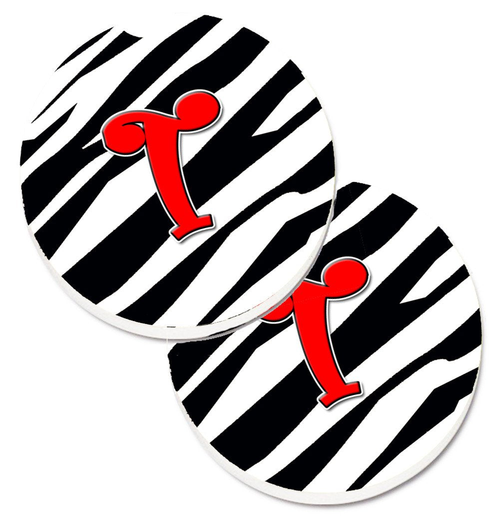 Monogram Initial T Zebra Red  Set of 2 Cup Holder Car Coasters CJ1024-TCARC by Caroline&#39;s Treasures
