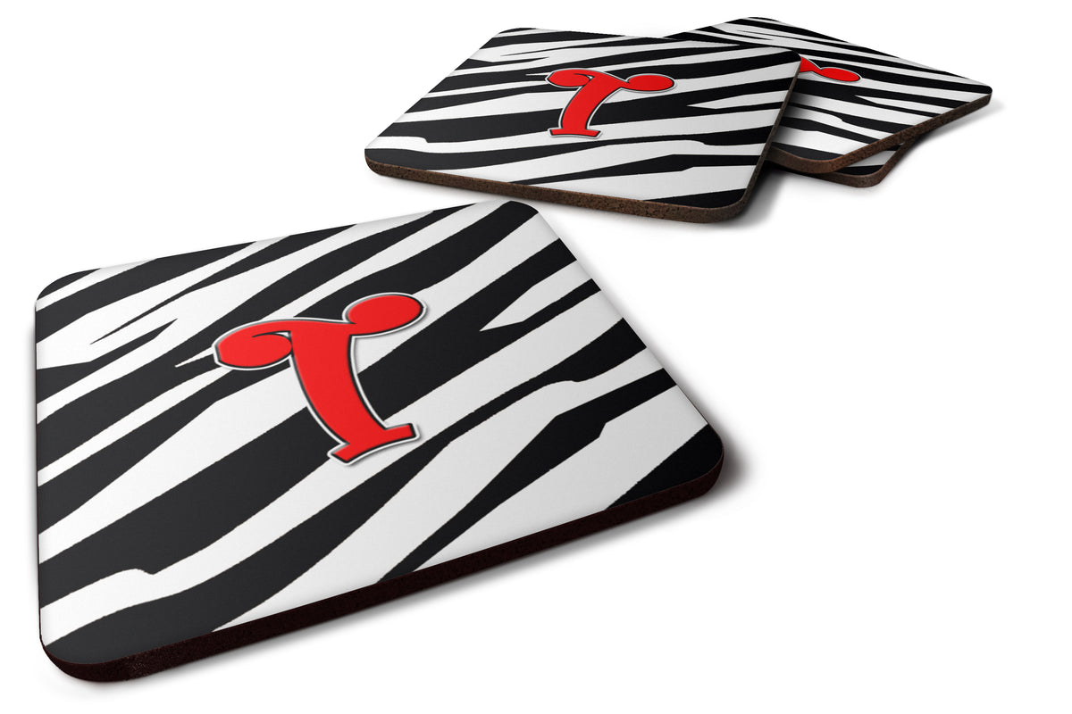 Set of 4 Monogram - Zebra Red Foam Coasters Initial Letter T - the-store.com