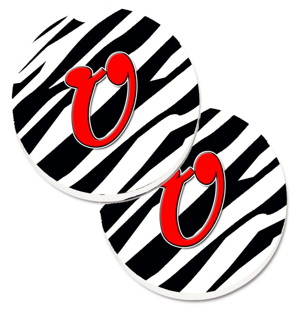 Monogram Initial U Zebra Red  Set of 2 Cup Holder Car Coasters CJ1024-UCARC by Caroline&#39;s Treasures