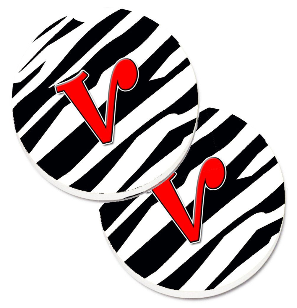 Monogram Initial V Zebra Red  Set of 2 Cup Holder Car Coasters CJ1024-VCARC by Caroline&#39;s Treasures