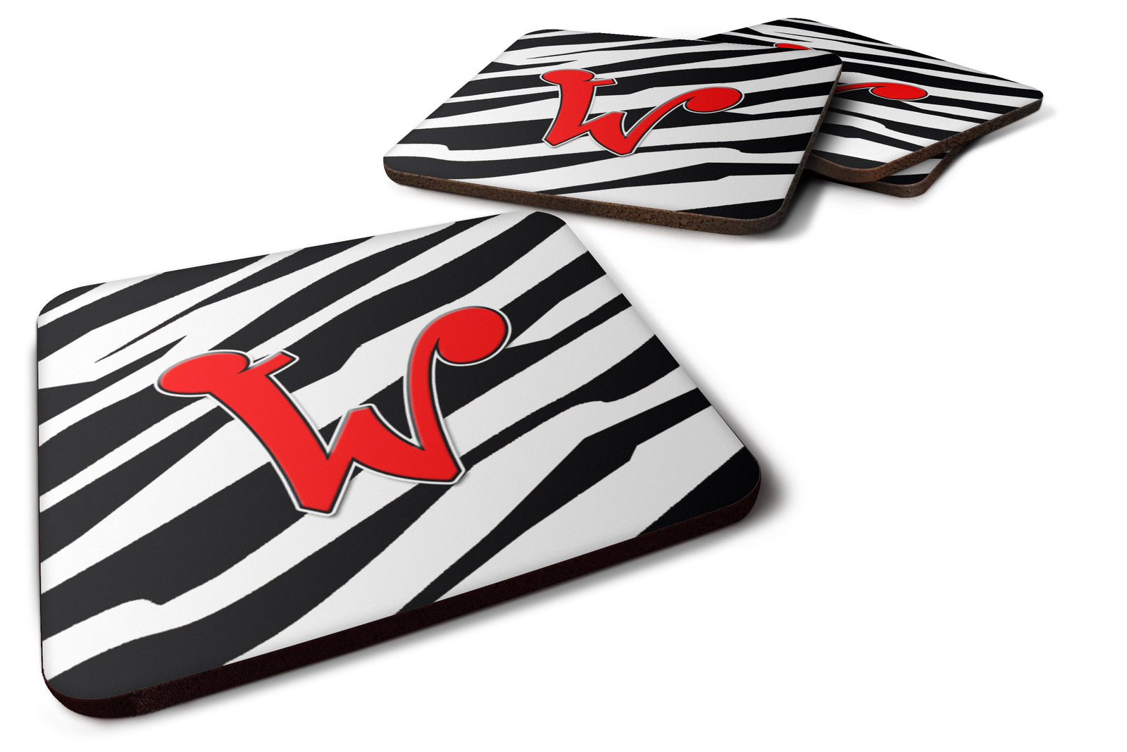 Set of 4 Monogram - Zebra Red Foam Coasters Initial Letter W - the-store.com