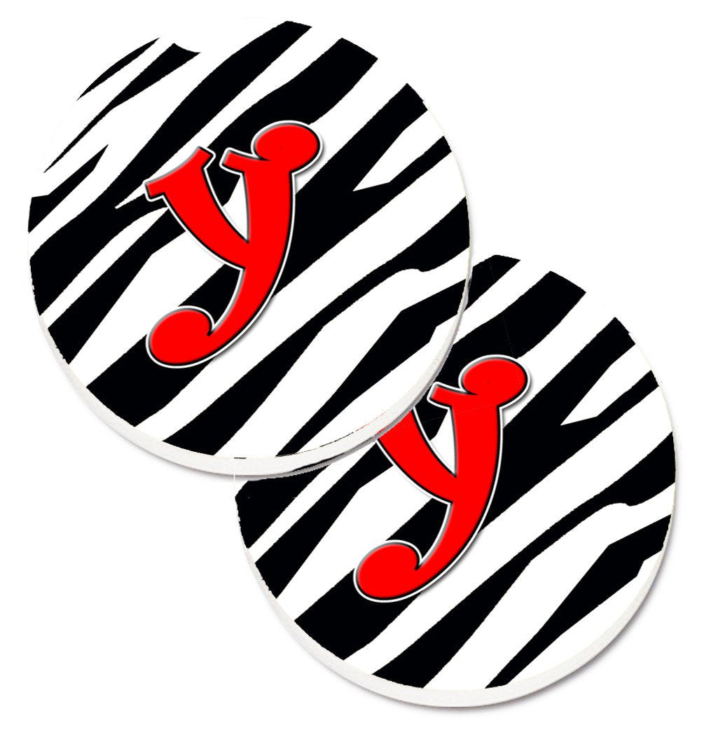 Monogram Initial Y Zebra Red  Set of 2 Cup Holder Car Coasters CJ1024-YCARC by Caroline&#39;s Treasures