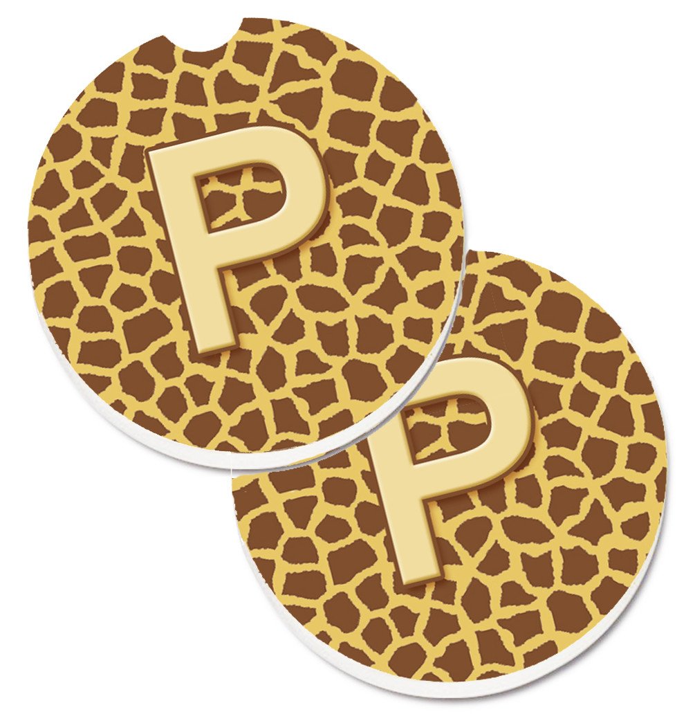 Monogram Initial P Giraffe  Set of 2 Cup Holder Car Coasters CJ1025-PCARC by Caroline&#39;s Treasures