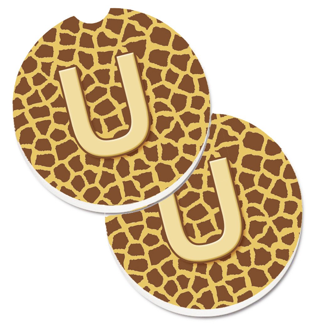 Monogram Initial U Giraffe  Set of 2 Cup Holder Car Coasters CJ1025-UCARC by Caroline&#39;s Treasures