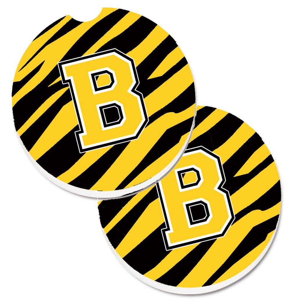 Monogram Initial B Tiger Stripe - Black Gold Set of 2 Cup Holder Car Coasters CJ1026-BCARC by Caroline&#39;s Treasures