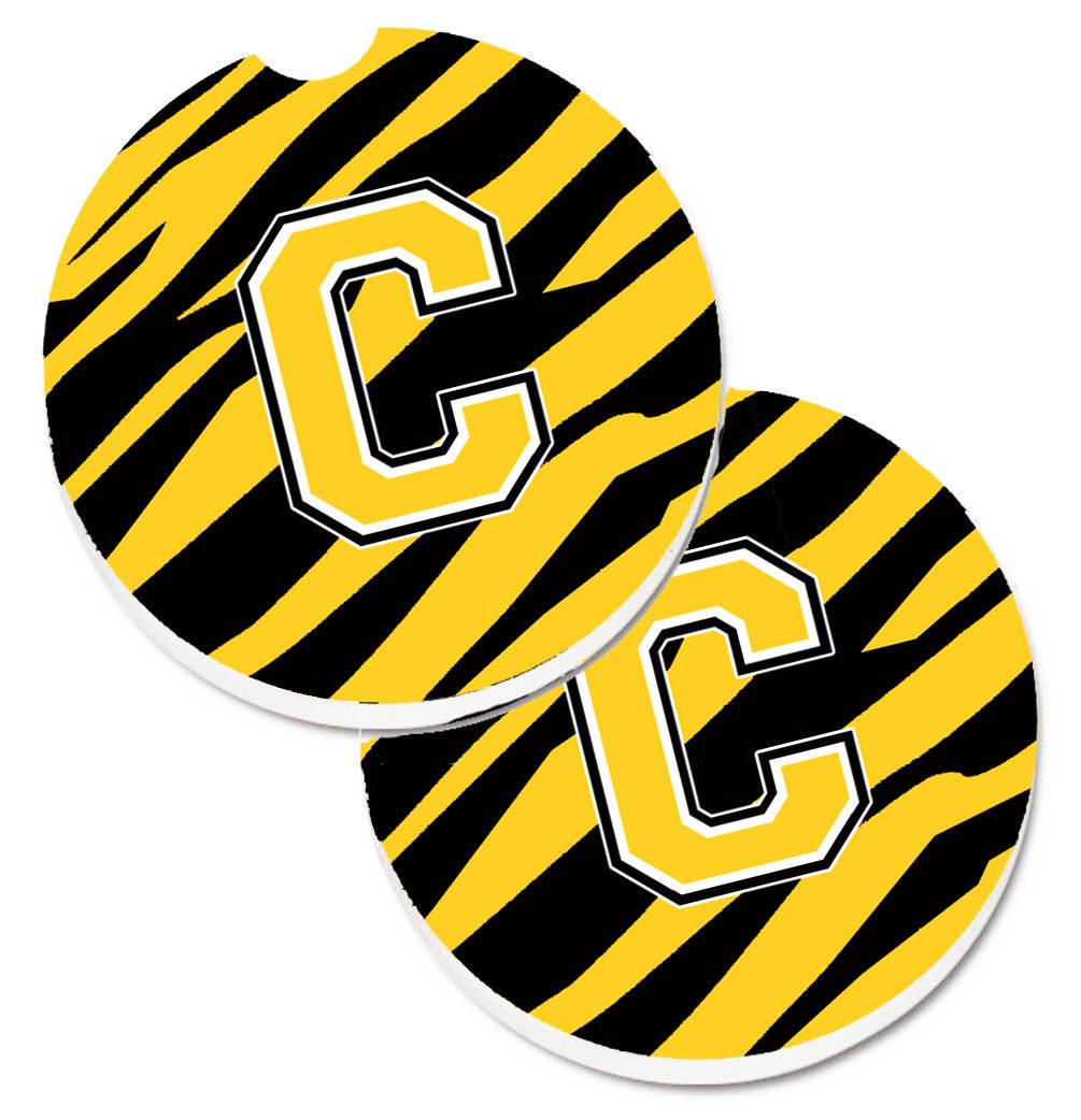 Monogram Initial C Tiger Stripe - Black Gold Set of 2 Cup Holder Car Coasters CJ1026-CCARC by Caroline&#39;s Treasures
