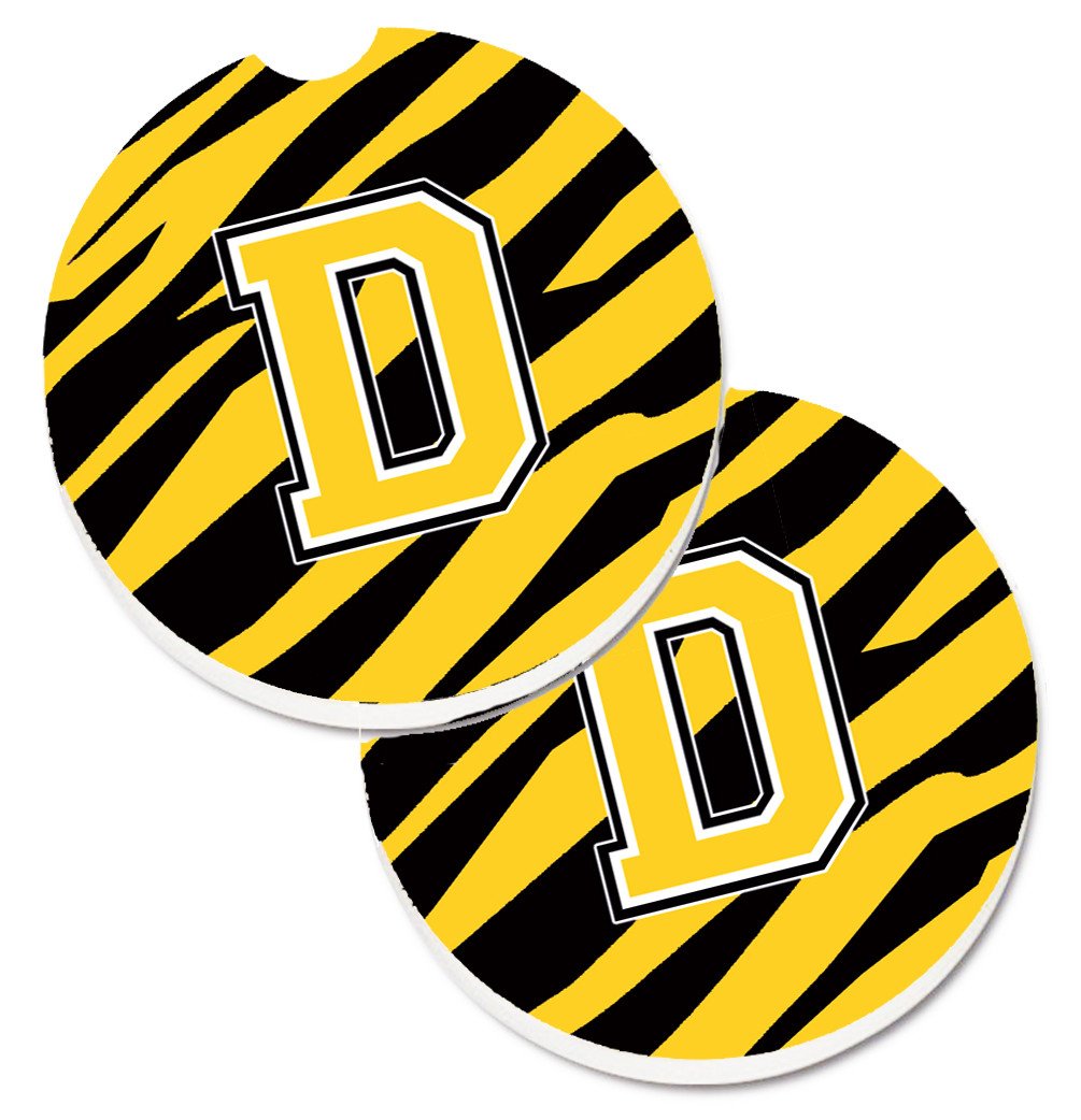 Monogram Initial D Tiger Stripe - Black Gold Set of 2 Cup Holder Car Coasters CJ1026-DCARC by Caroline&#39;s Treasures