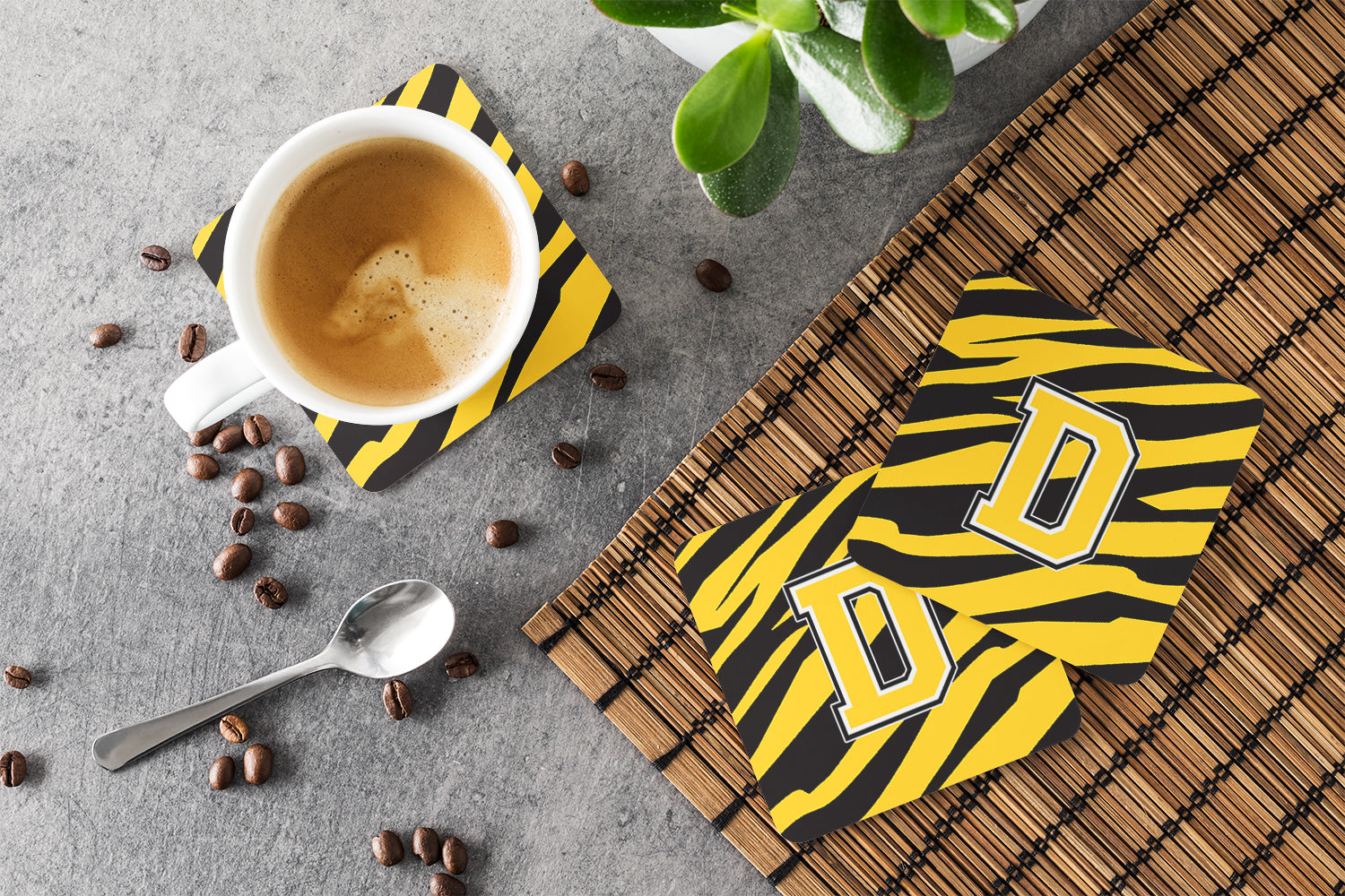 Set of 4 Monogram - Tiger Stripe - Black Gold Foam Coasters Initial Letter D - the-store.com