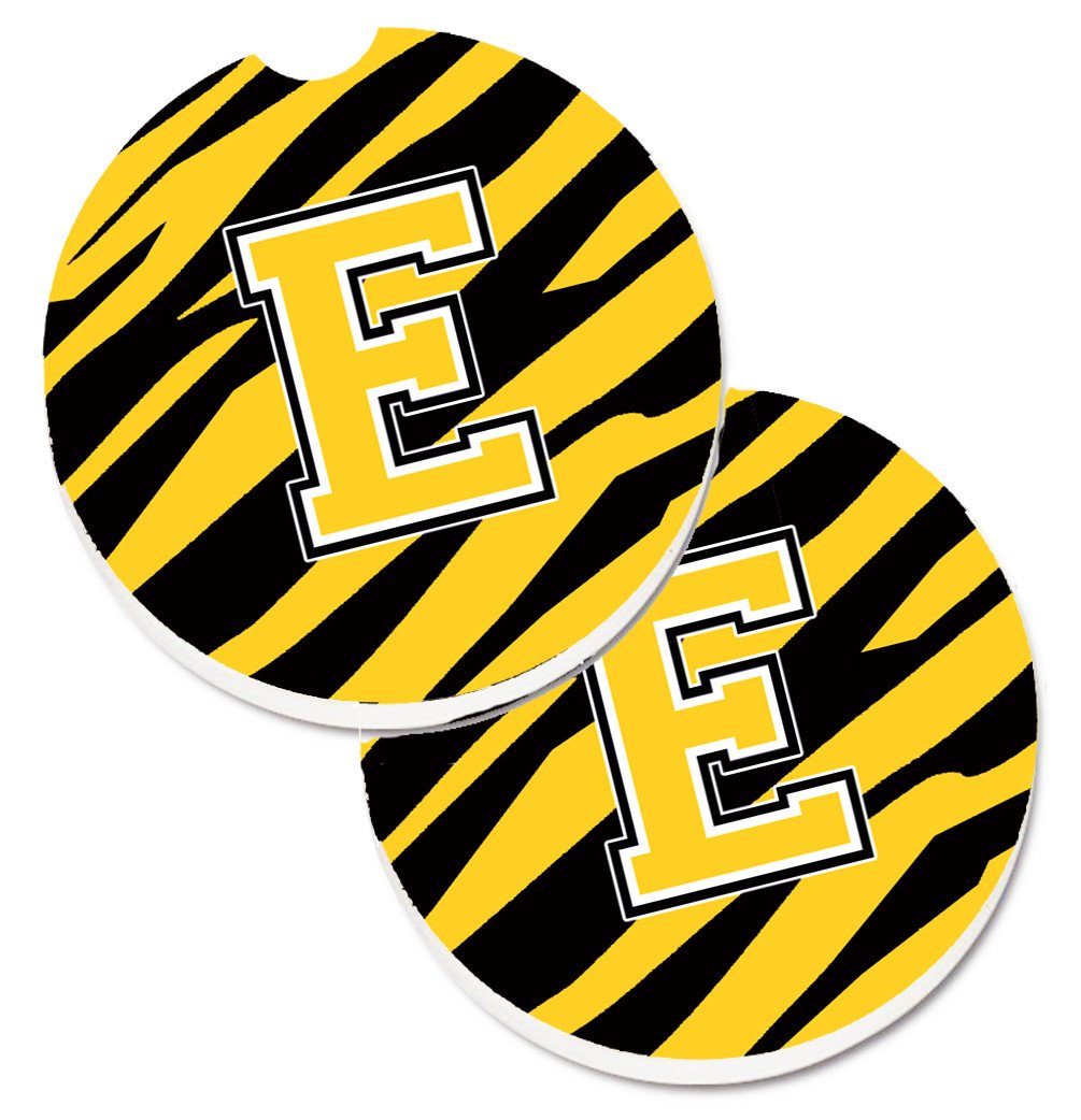 Monogram Initial E Tiger Stripe - Black Gold Set of 2 Cup Holder Car Coasters CJ1026-ECARC by Caroline&#39;s Treasures