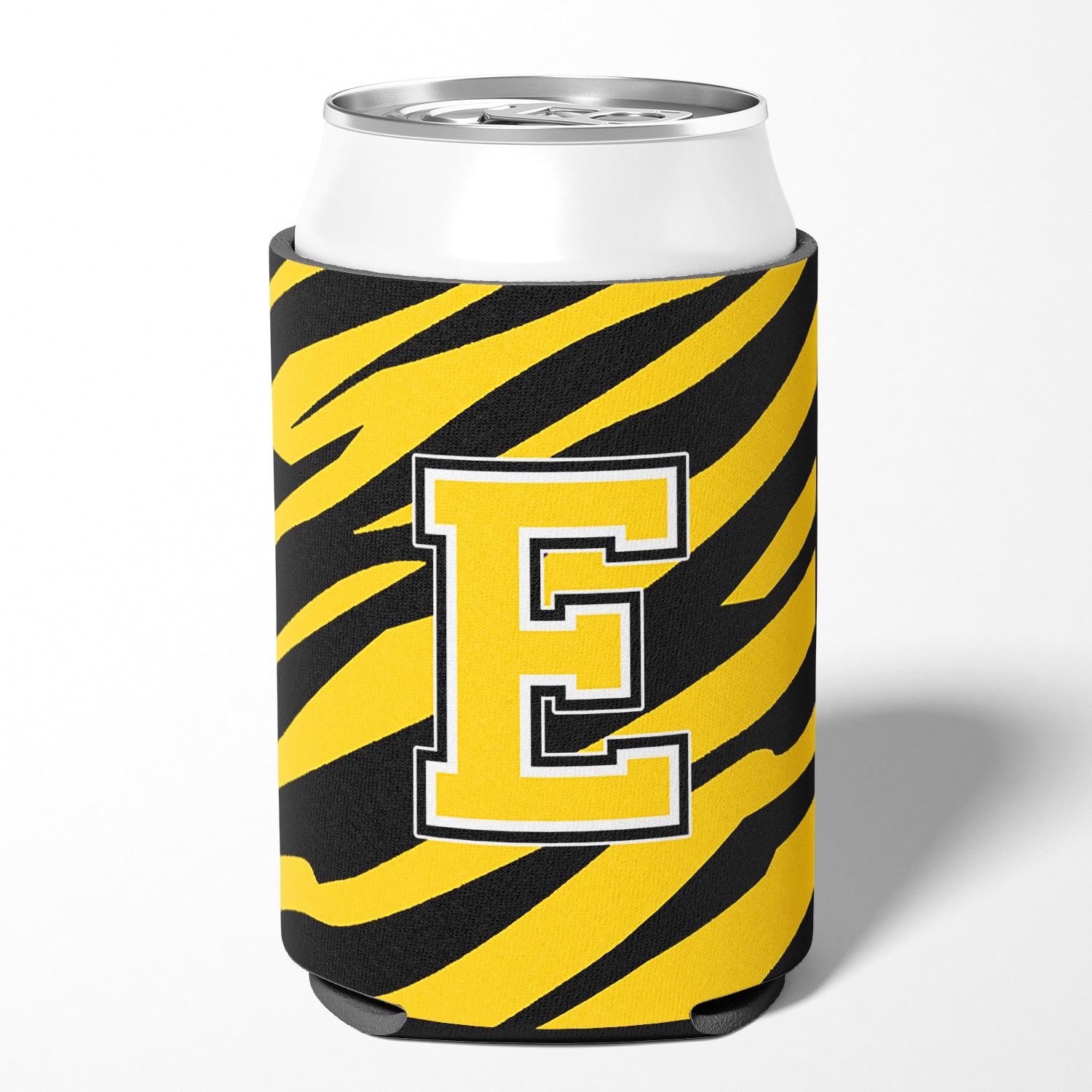 Letter E Initial Monogram - Tiger Stripe -Black Gold Can Beverage Insulator Hugger.