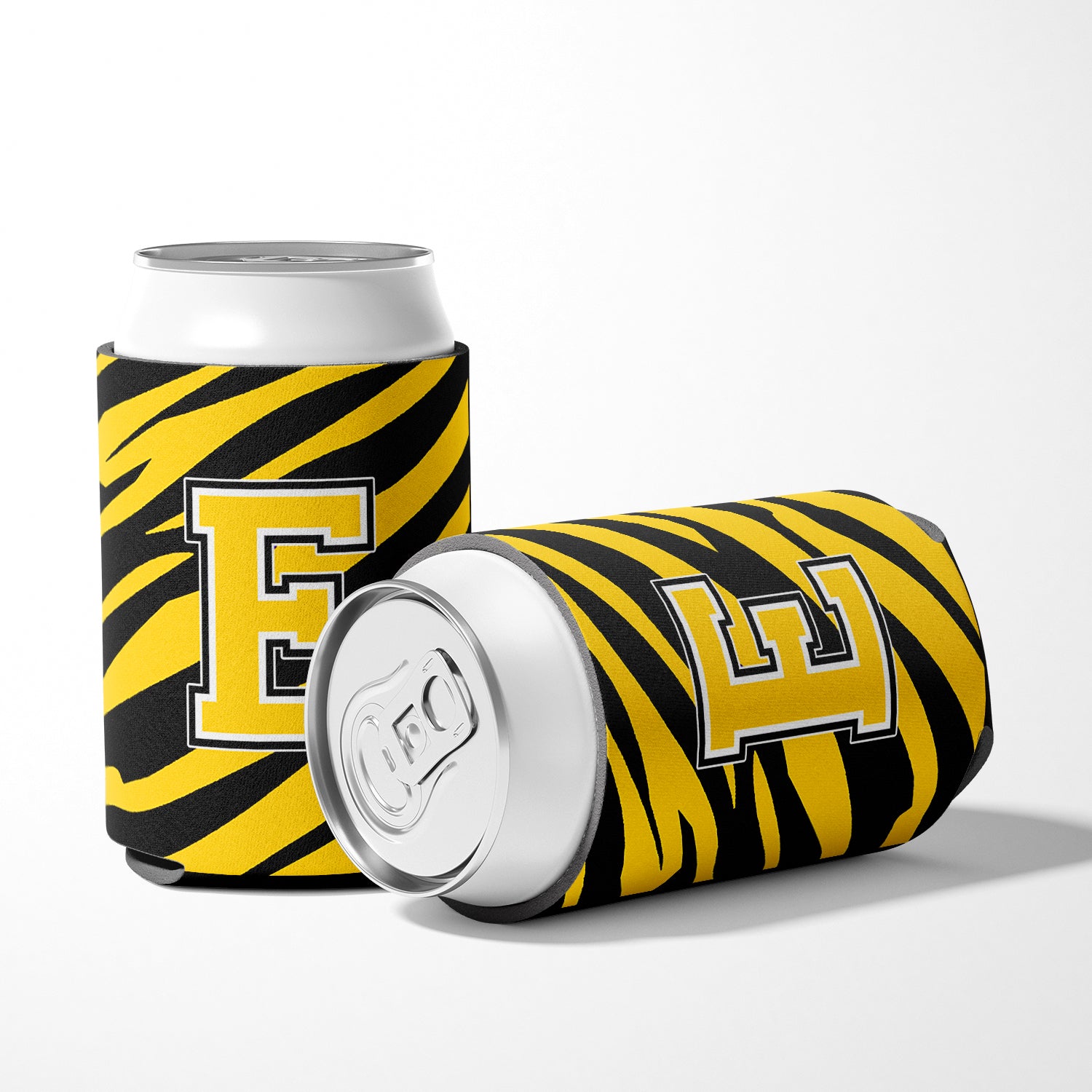 Letter E Initial Monogram - Tiger Stripe -Black Gold Can Beverage Insulator Hugger