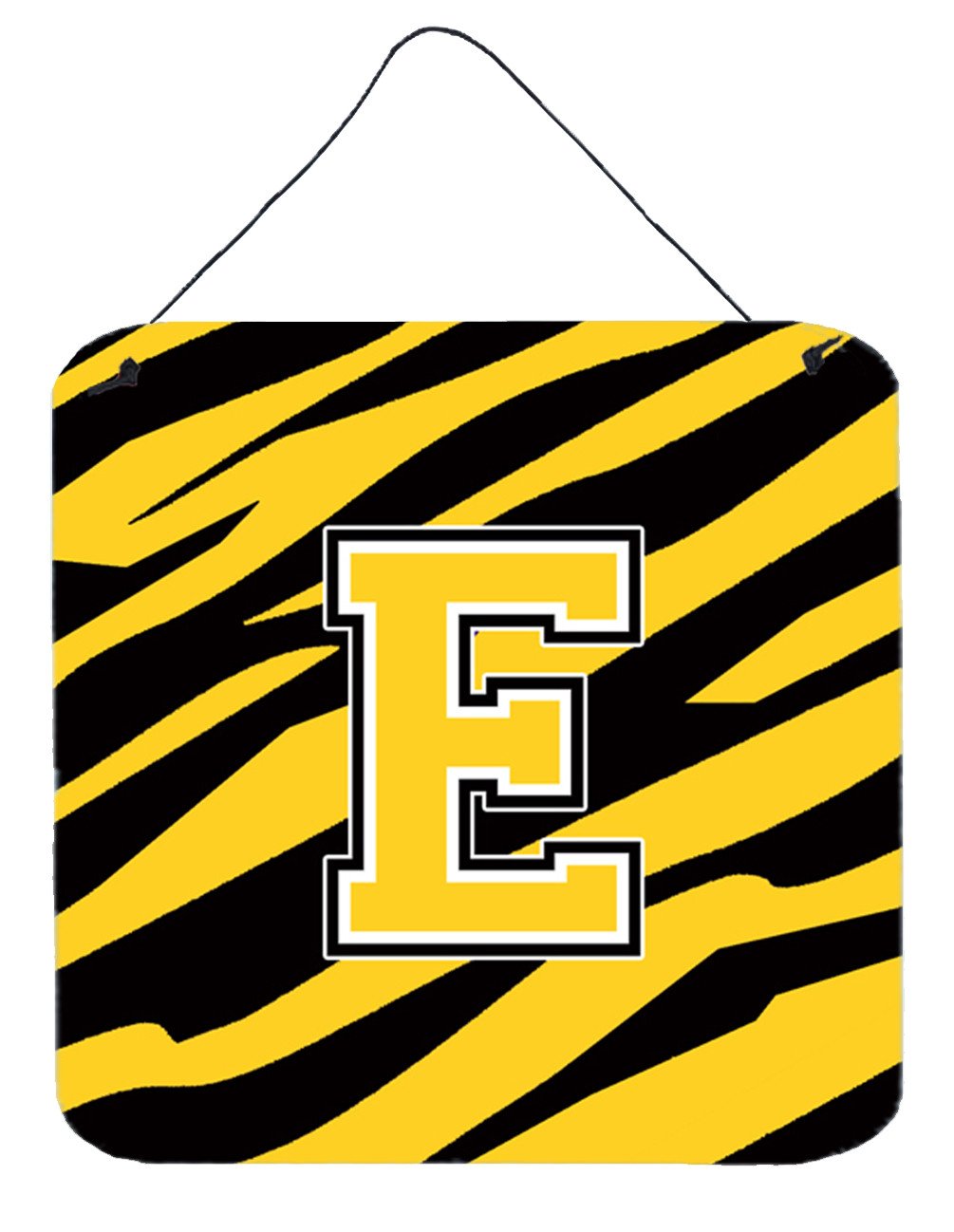 Letter E Initial Tiger Stripe - Black Gold  Wall or Door Hanging Prints by Caroline's Treasures
