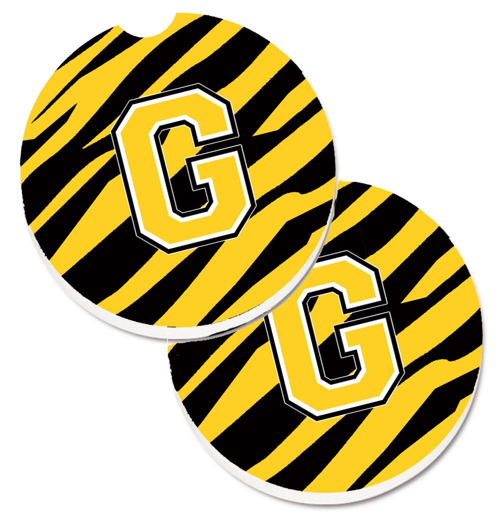 Monogram Initial G Tiger Stripe - Black Gold Set of 2 Cup Holder Car Coasters CJ1026-GCARC by Caroline&#39;s Treasures