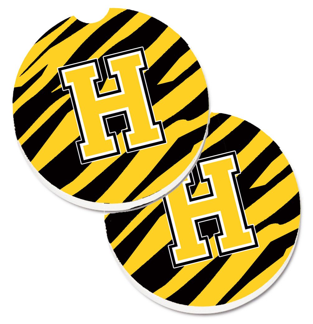Monogram Initial H Tiger Stripe - Black Gold Set of 2 Cup Holder Car Coasters CJ1026-HCARC by Caroline&#39;s Treasures