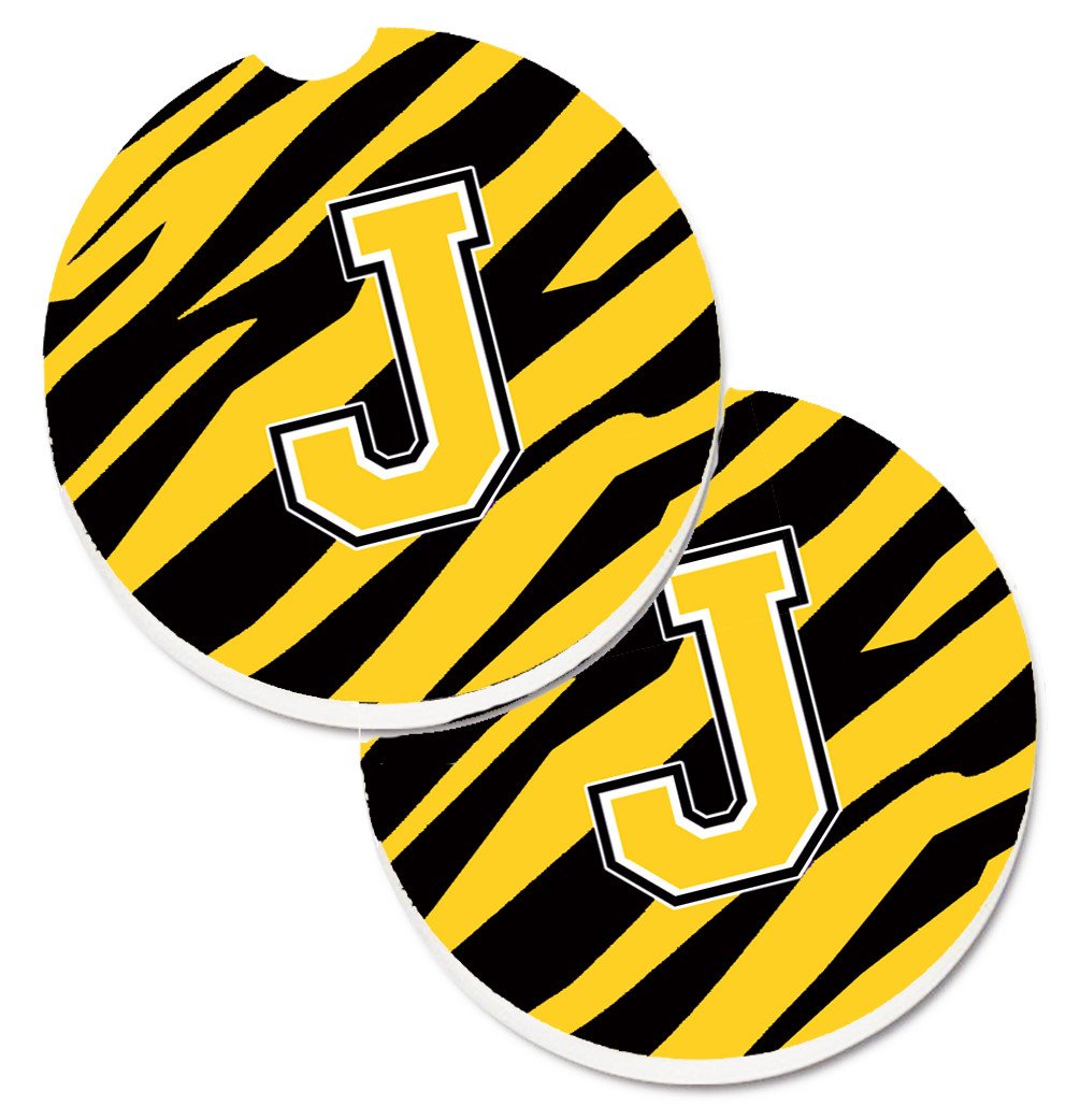 Monogram Initial J Tiger Stripe - Black Gold Set of 2 Cup Holder Car Coasters CJ1026-JCARC by Caroline&#39;s Treasures
